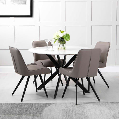 Modern-120cm-Round-4-Seater-White-Marble-Dining-Table-Set-With-4-Brown-Leather-Dining-Chairs