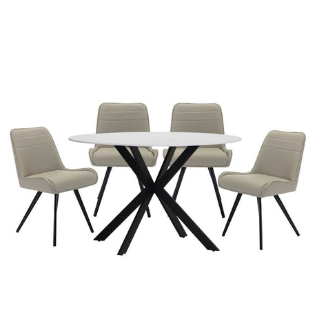 Modern-120cm-Round-4-Seater-White-Marble-Dining-Table-Set-With-4-Brown-Leather-Dining-Chairs