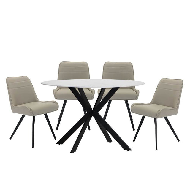 Modern-120cm-Round-4-Seater-White-Marble-Dining-Table-Set-With-4-Brown-Leather-Dining-Chairs