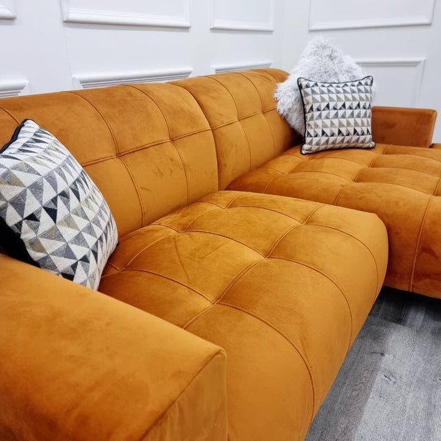 Modern-2-piece-open-plan-cinema-sofa-Orange-velvet-240cm