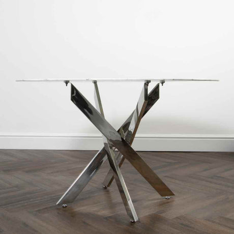 Modern-4-Seater-Round-White-Marble-Glass-Dining-Table-With-Metal-Cross-Over-Base-120cm