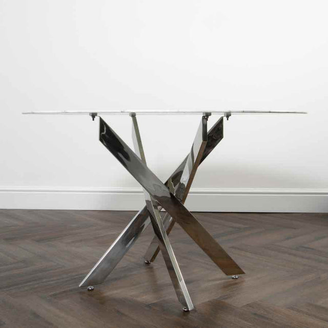 Modern-4-Seater-Round-White-Marble-Glass-Dining-Table-With-Metal-Cross-Over-Base-120cm