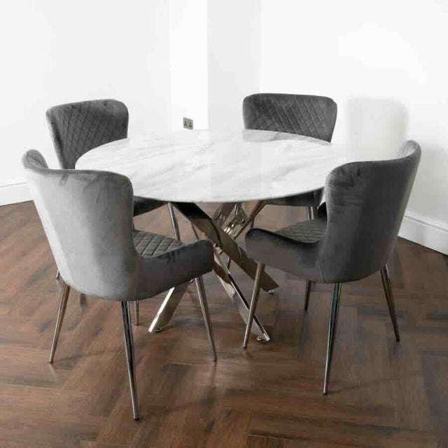 Modern-4-Seater-Round-White-Marble-Glass-Dining-Table-With-Metal-Cross-Over-Base-120cm