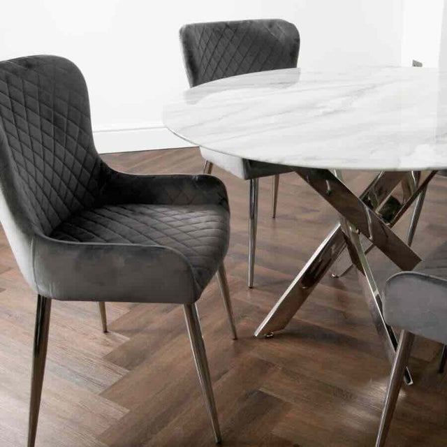 Modern-4-Seater-Round-White-Marble-Glass-Dining-Table-With-Metal-Cross-Over-Base-120cm