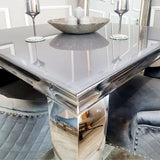 Modern-4-Seater-grey-glass-dining-table-square-tempered-glass-top-chrome-legs-100cm