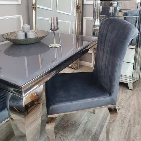 Modern-4-Seater-grey-glass-dining-table-square-tempered-glass-top-chrome-legs-100cm