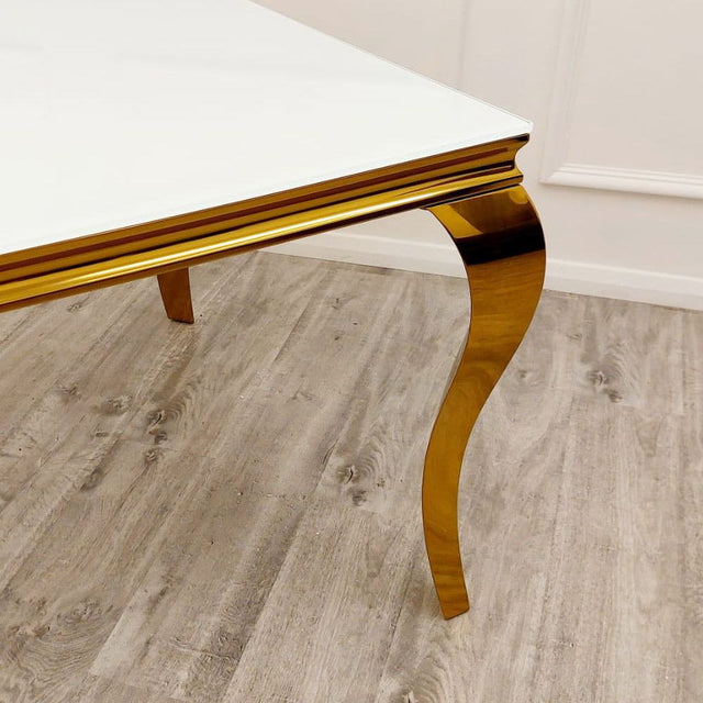 Luxurious-4-Seater-white-glass-dining-table-square-tempered-glass-top-gold-legs-100cm