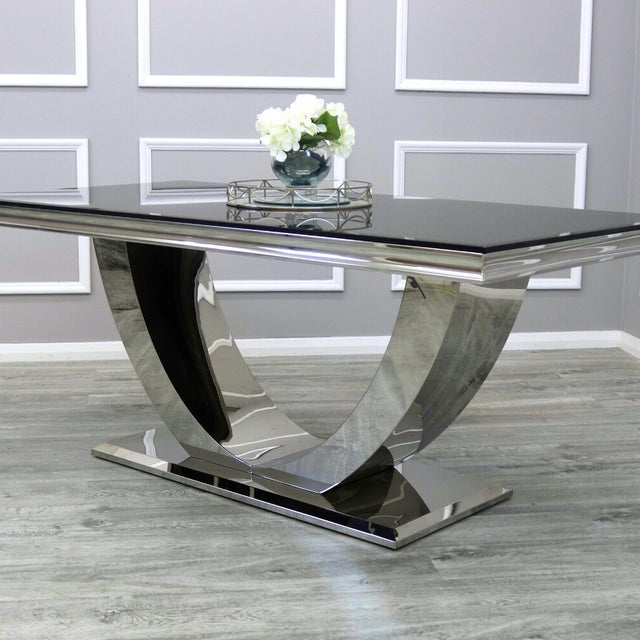 Modern-6-8-Seater-glass-dining-table-rectangular-black-glass-top-stainless-steel-curved-base