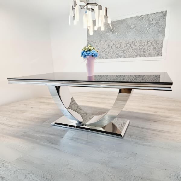 Chislehurst Modern Rectangular Tempered Glass Dining Table For 6-8 With Chrome Pedestal Base