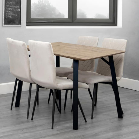 Modern-6-Seater-Oak-Wood-Dining-Table-With-4-Cream-Velvet-Dining-Chairs-120cm