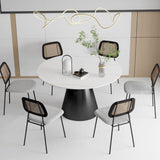 Modern Round White Sintered Stone Marble Dining Table Black Pedestal Base With Boucle & Rattan Dining Chairs Kitchen Table Set 135cm