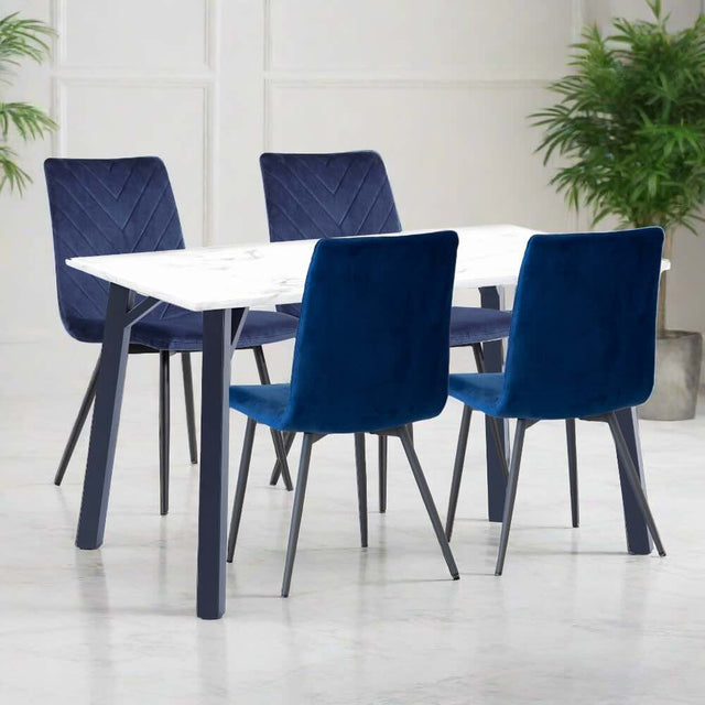 Modern-6-Seater-White-Marble-Dining-Table-With-4-Blue-Velvet-Dining-Chairs-120cm