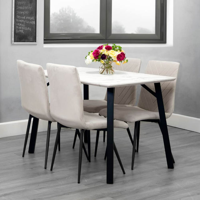 Modern-6-Seater-White-Marble-Dining-Table-With-4-Cream-Velvet-Dining-Chairs-120cm