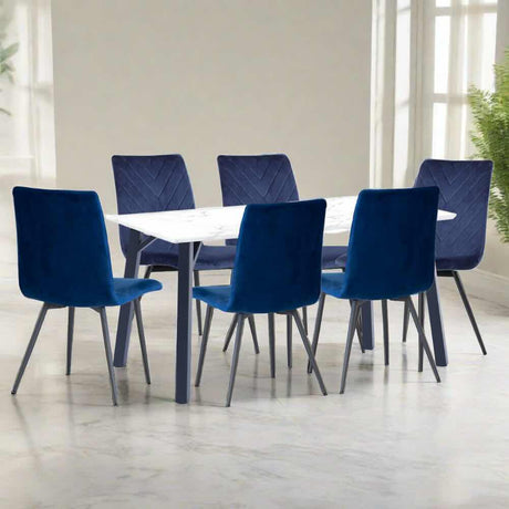 Modern-6-Seater-White-Marble-Dining-Table-With-6-Blue-Velvet-Dining-Chairs-180cm