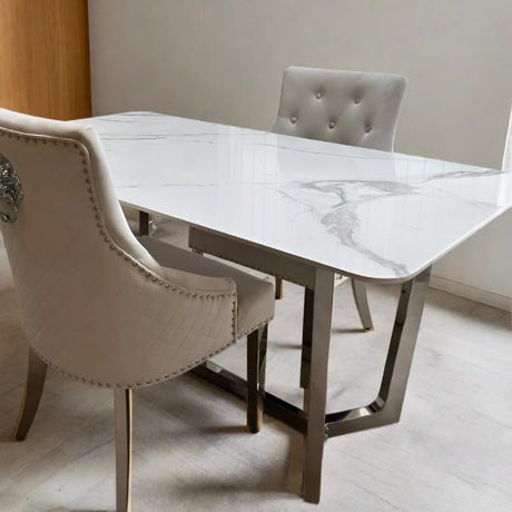 Modern-6-Seater-white-marble-dining-table-rectangular-ceramic-top-chrome-legs-160cm