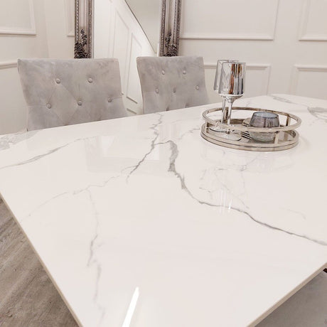 Modern-6-Seater-white-marble-dining-table-rectangular-ceramic-top-chrome-legs-160cm