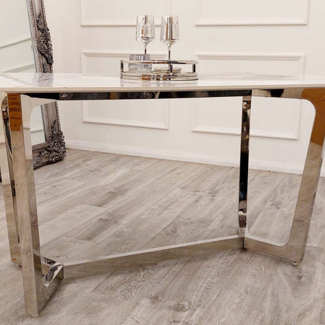 Modern-6-Seater-white-marble-dining-table-rectangular-ceramic-top-chrome-legs-160cm