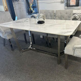 Modern-6-Seater-white-marble-dining-table-rectangular-ceramic-top-chrome-legs-160cm