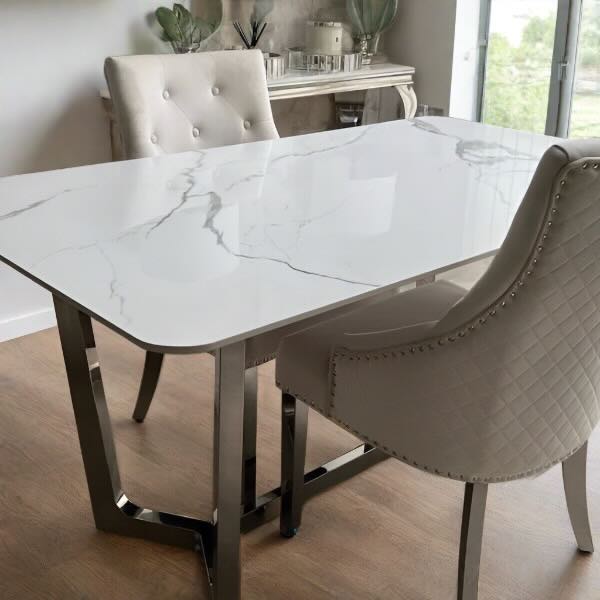 Modern-6-Seater-white-marble-dining-table-rectangular-ceramic-top-chrome-legs-160cm