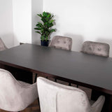 Modern Rectangular V-shape Base Dark Oak Dining Table With Deep Buttoned Velvet Chairs Kitchen Table Set 180cm