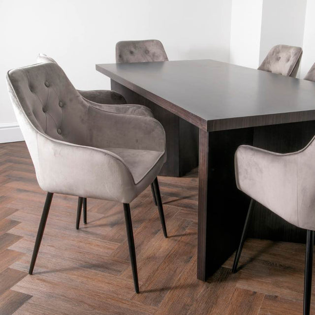 Modern Rectangular V-shape Base Dark Oak Dining Table With Deep Buttoned Velvet Chairs Kitchen Table Set 180cm