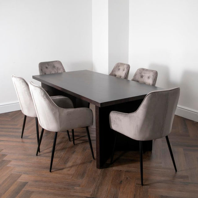 Modern Rectangular V-shape Base Dark Oak Dining Table With Deep Buttoned Velvet Chairs Kitchen Table Set 180cm