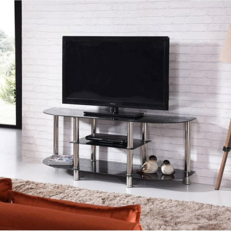 Keaton Modern Black Glass TV Stand With Shelves