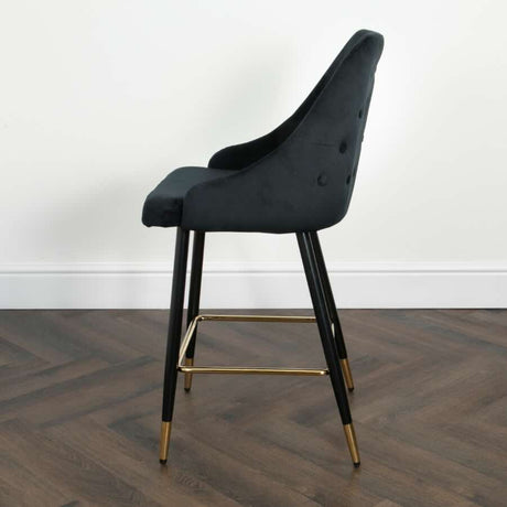 Modern-Black-Velvet-Buttoned-Back-Bar-Stool-With-Black-Metal-Legs-&-Gold-Tips