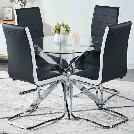 Modern-Black-_-White-Horizontal-Stitched-Faux-Leather-Dining-Chairs-With-Chrome-Metal-Cantilever-Base-Set-of-4