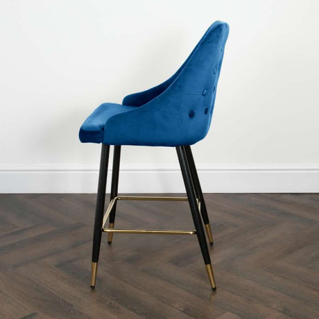 Modern-Blue-Velvet-Buttoned-Back-Bar-Stool-With-Black-Metal-Legs-&-Gold-Tips