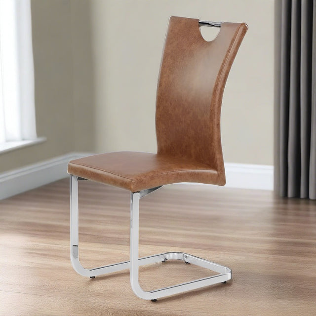    Modern-Brown-Faux-Leather-Dining-Chair-With-Chrome-Metal-Cantilever-Base-_-Chrome-Handle-Set-of-2