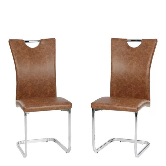    Modern-Brown-Faux-Leather-Dining-Chair-With-Chrome-Metal-Cantilever-Base-_-Chrome-Handle-Set-of-2