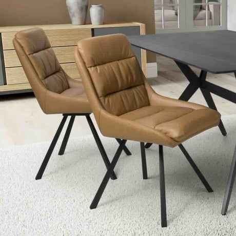 Modern-Brown-Leather-Swivel-Dining-Chair-Black-Metal-Legs-Set-of-2