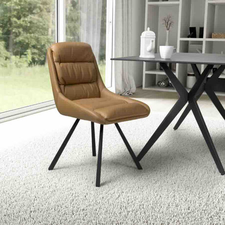 Modern-Brown-Leather-Swivel-Dining-Chair-Black-Metal-Legs-Set-of-2