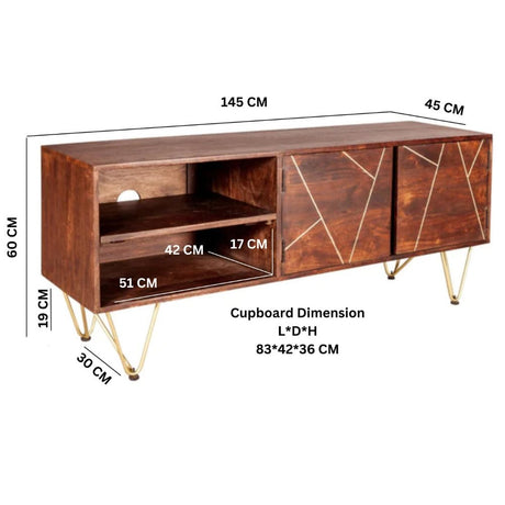 Tropez Industrial Dark Mango Wood And Gold TV Stand With Storage