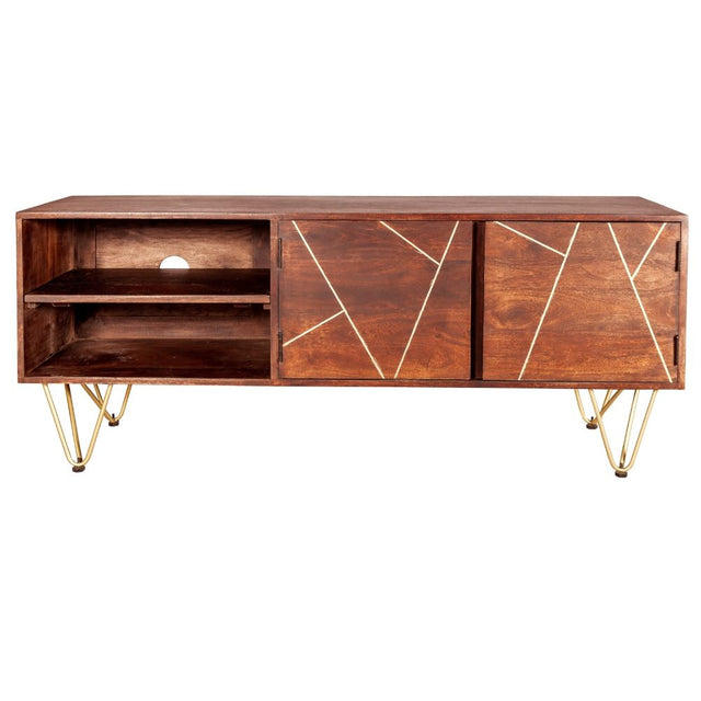 Tropez Industrial Dark Mango Wood And Gold TV Stand With Storage