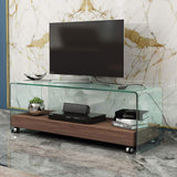 Reno Modern Tempered Glass And Oak TV Stand With Wheels