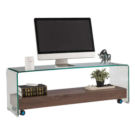 Reno Modern Tempered Glass And Oak TV Stand With Wheels