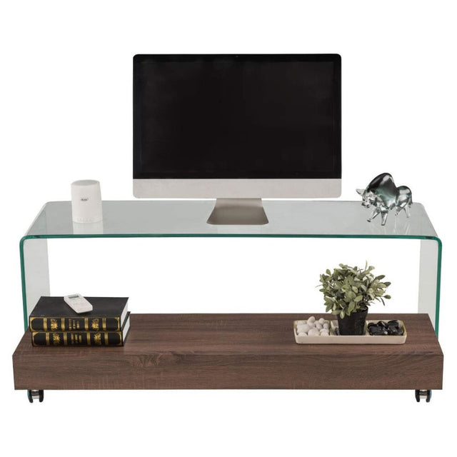 Reno Modern Tempered Glass And Oak TV Stand With Wheels