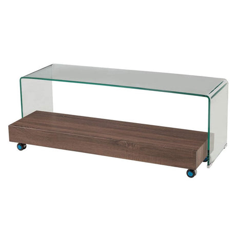 Reno Modern Tempered Glass And Oak TV Stand With Wheels