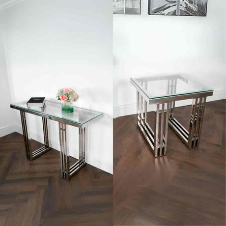 Modern-Glass-Console-Table-_-Side-Table-Set-With-Metal-Striated-Base