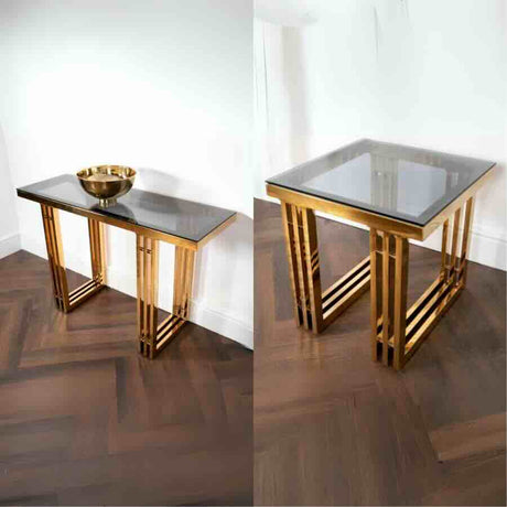 Modern-Glass-Console-Table-_-Side-Table-Set-With-Metal-Striated-Base