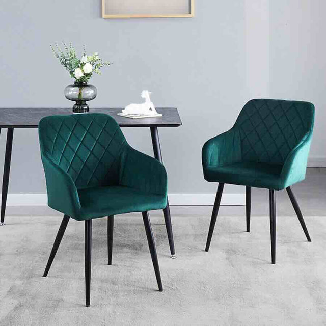 Modern-Green-Velvet-Diamond-Stitched-Dining-Chair-Black-Metal-Legs-Set-of-2