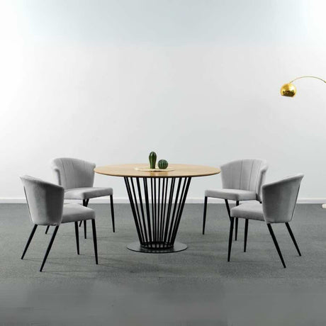 Industrial 4 Seater Round Oak Veneer Dining Table Black Metal Pedestal Base With 4 Modern Grey Linen Chairs Kitchen Table Set 120cm