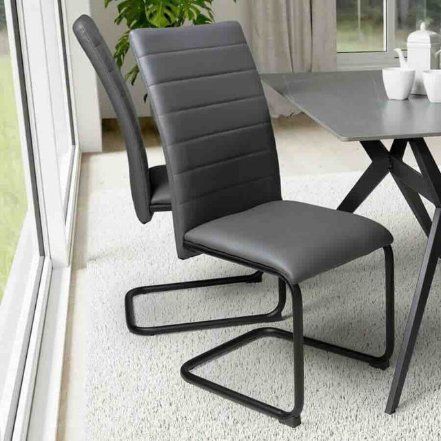 Modern-Grey-Leather-Cantilever-Dining-Chair-Horizontal-Stitched-Black-Metal-Legs-Set-of-2