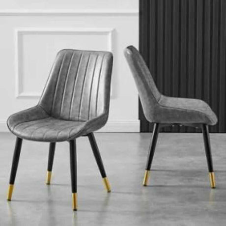 Modern-Grey-Leather-Dining-Chair-Black-Metal-Legs-Gold-Tipped-Set-of-2