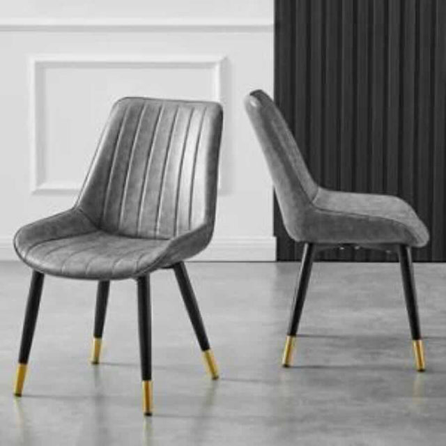 Modern-Grey-Leather-Dining-Chair-Black-Metal-Legs-Gold-Tipped-Set-of-2