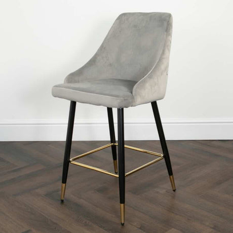 Modern-Grey-Velvet-Buttoned-Back-Bar-Stool-With-Black-Metal-Legs-&-Gold-Tips