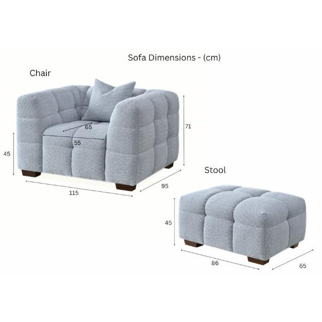 Modern Light Grey Boucle Sofa Set 3-4 Seater With Chair & Footstools