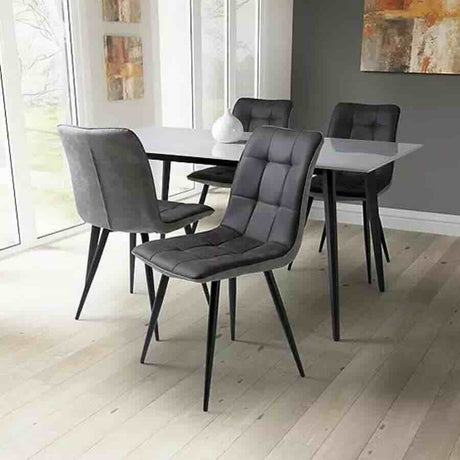 Modern-Light-Grey-Suede-Two-Tone-Waffle-Stitch-Dining-Chairs-Black-Metal-Legs-Set-of-2